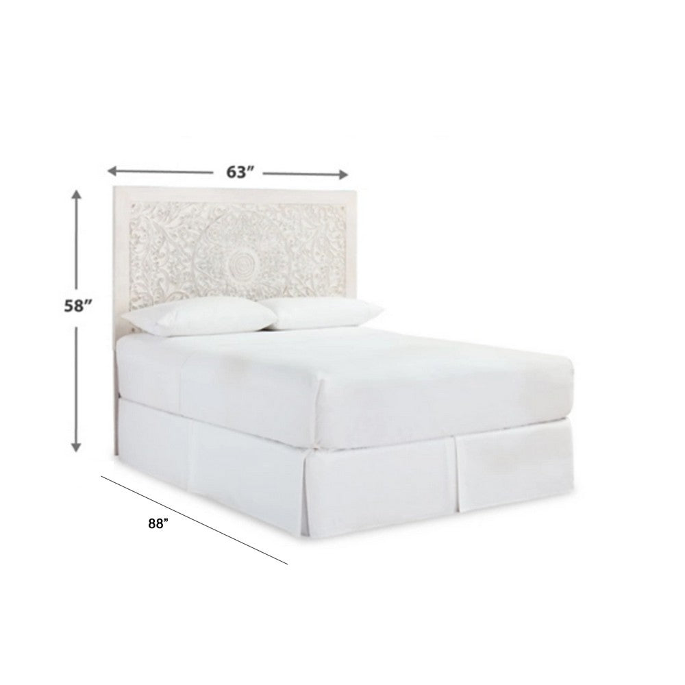 Paxy Queen Panel Bed | Carved Boho Medallion Design | Whitewashed Wood