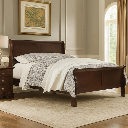 Deyr Queen Size Sleigh Bed | Louis Philippe Moulding | Warm Brown