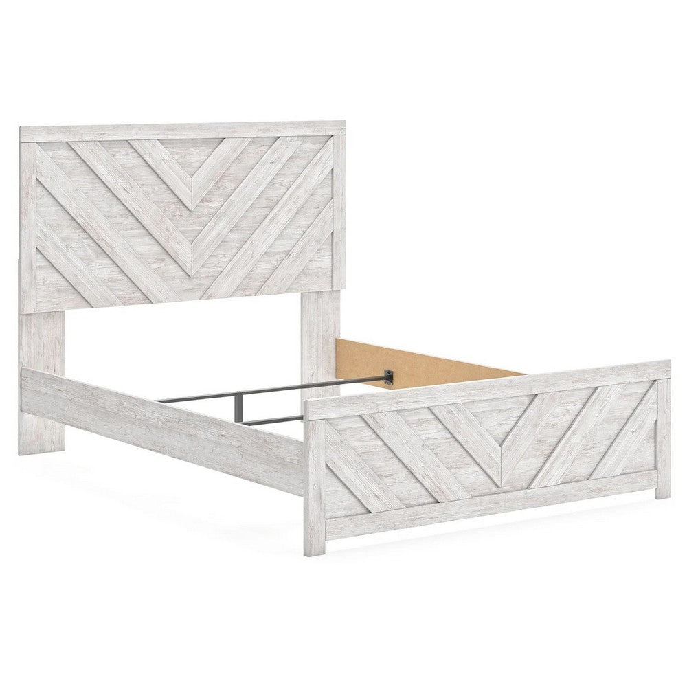 Cany Queen Size Bed | Chevron Pattern | Panel Headboard | Whitewash