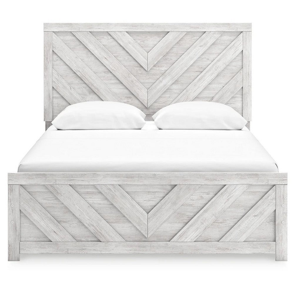 Cany Queen Size Bed | Chevron Pattern | Panel Headboard | Whitewash