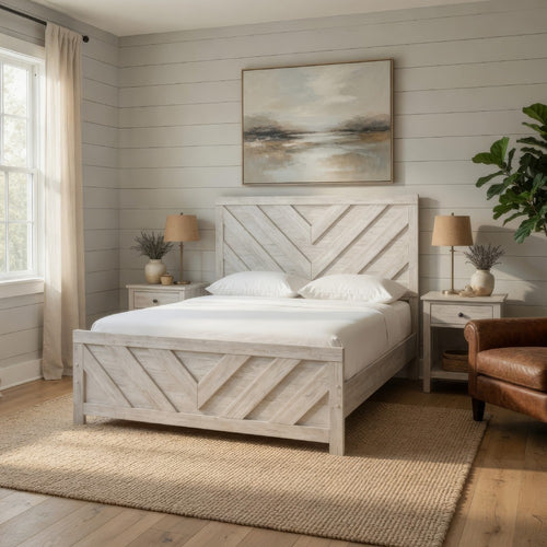 Cany Queen Size Bed | Chevron Pattern | Panel Headboard | Whitewash