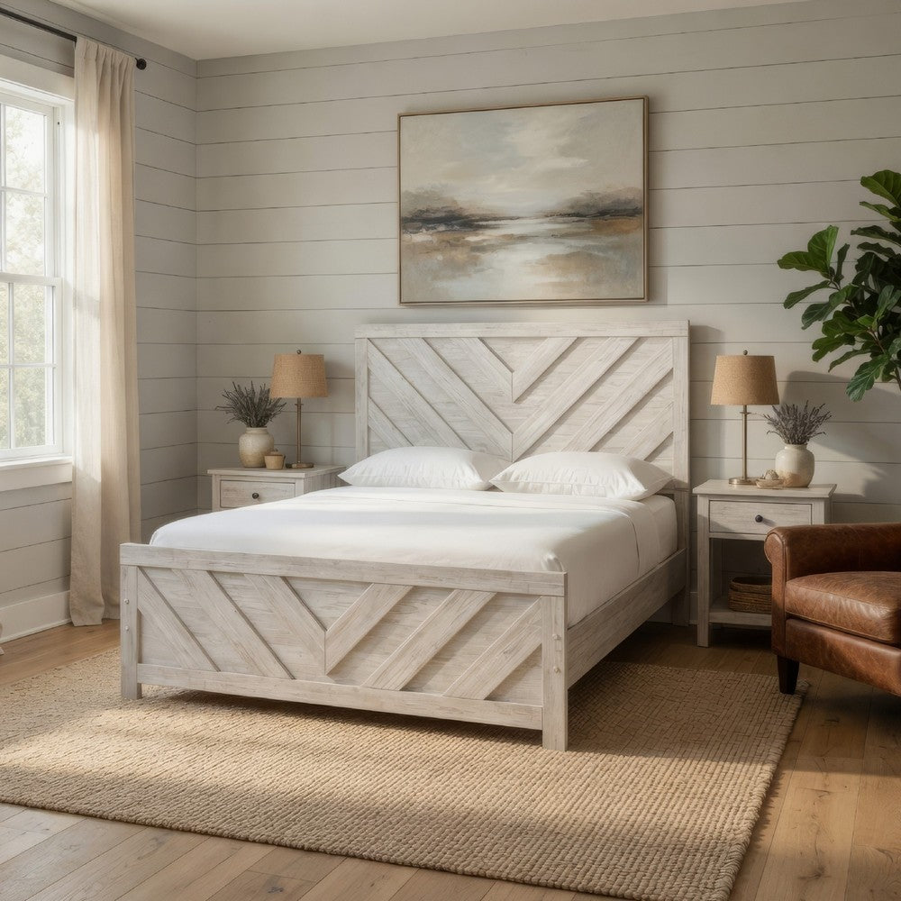 Cany Queen Size Bed | Chevron Pattern | Panel Headboard | Whitewash