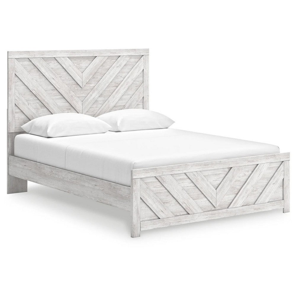 Cany Queen Size Bed | Chevron Pattern | Panel Headboard | Whitewash