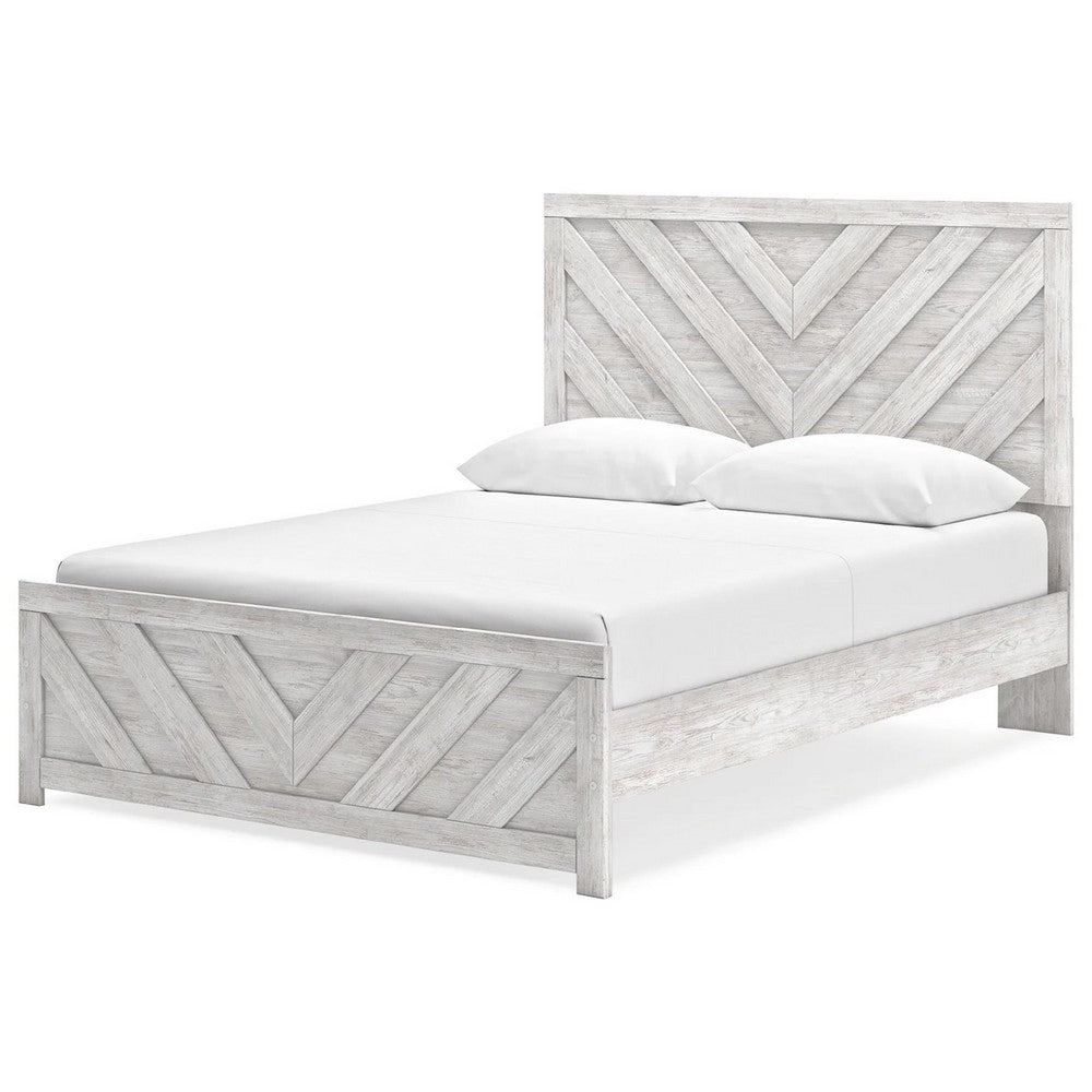 Cany Queen Size Bed | Chevron Pattern | Panel Headboard | Whitewash