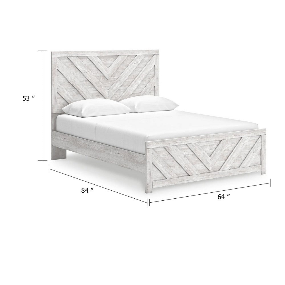 Cany Queen Size Bed | Chevron Pattern | Panel Headboard | Whitewash