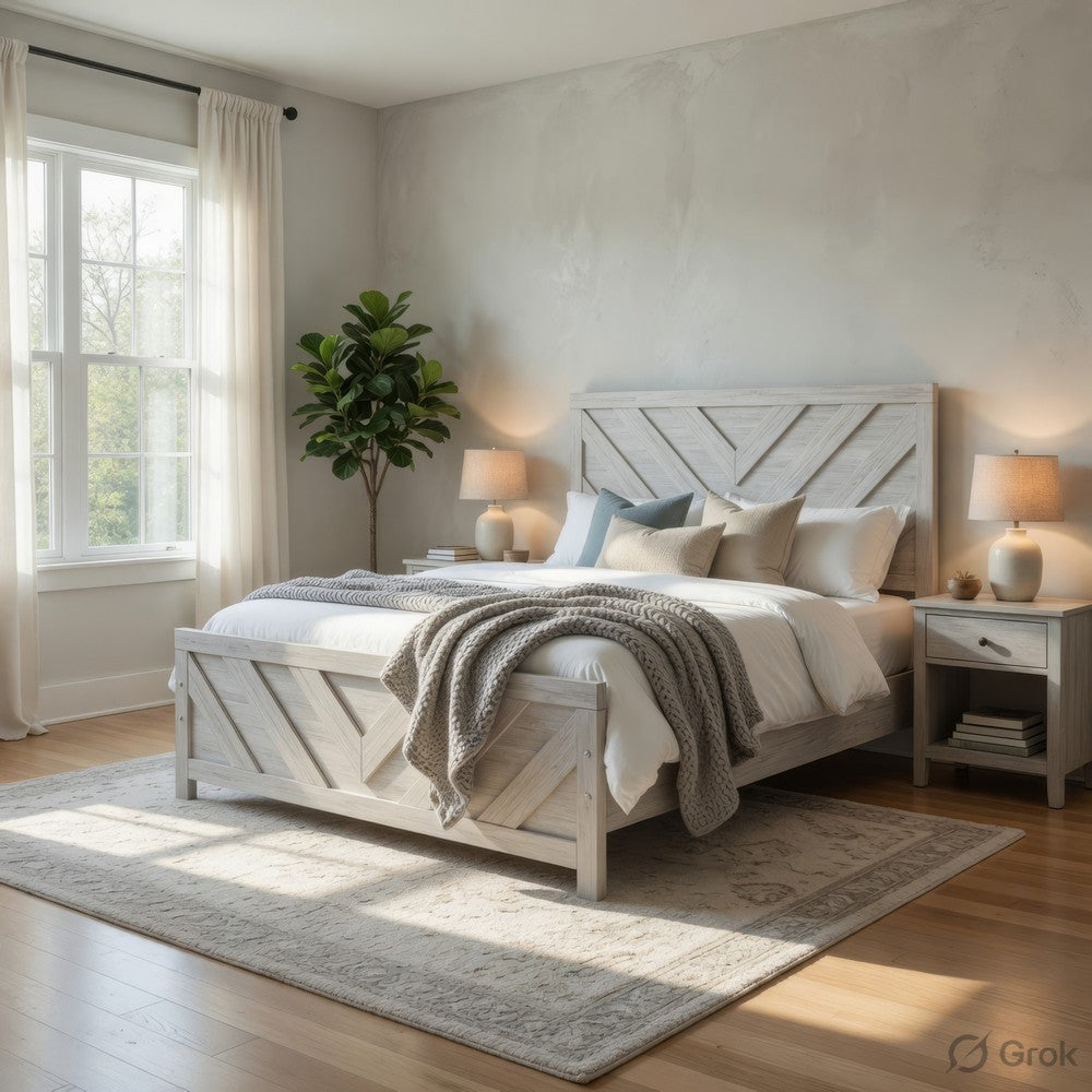 Cany Queen Size Bed | Chevron Pattern | Panel Headboard | Whitewash