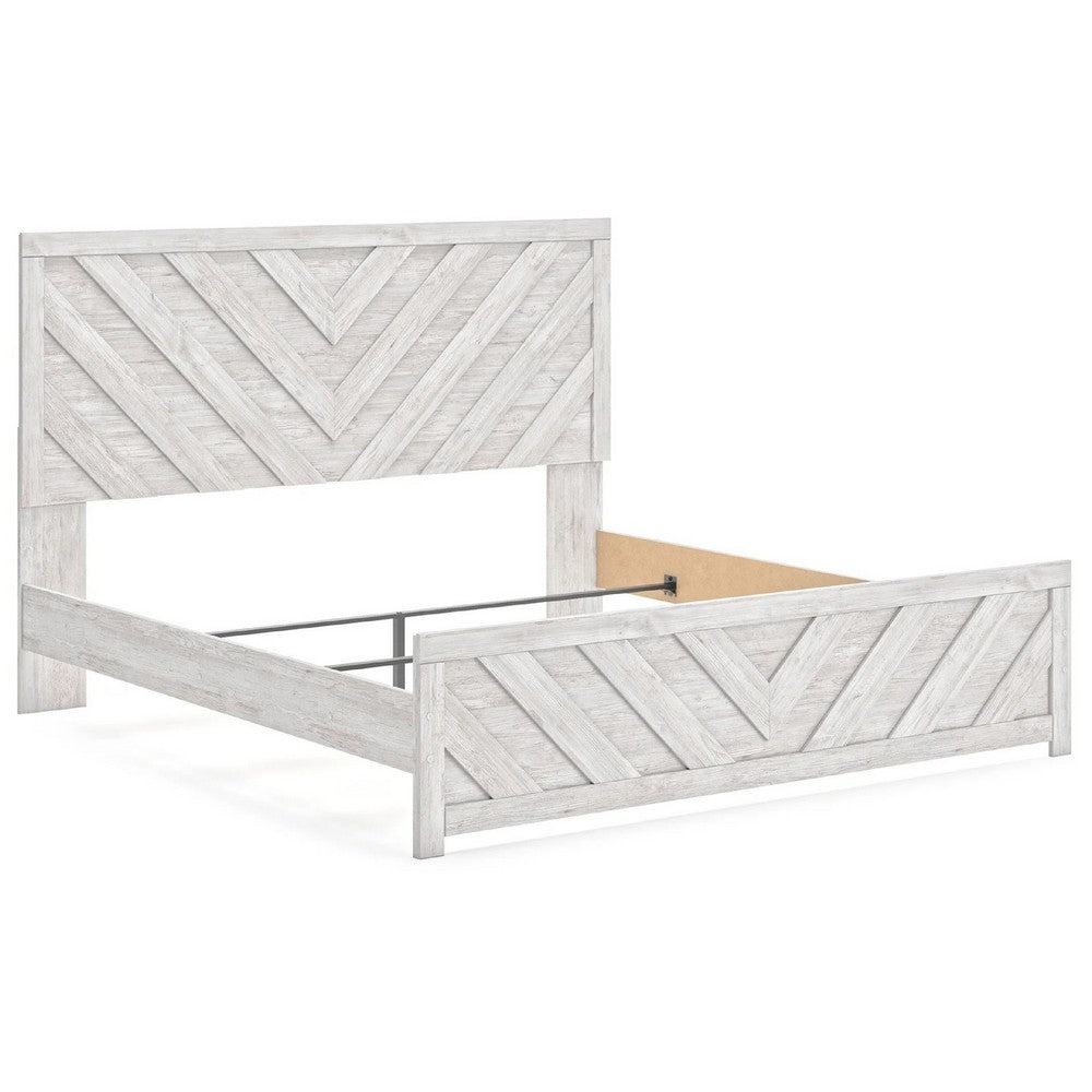 Cany King Size Bed | Chevron Pattern | Panel Headboard | Whitewash