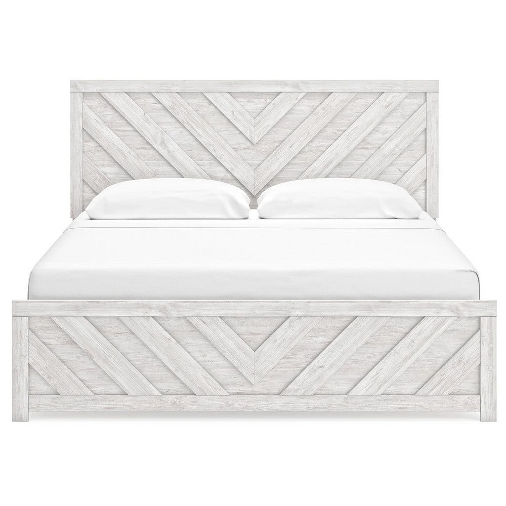 Cany King Size Bed | Chevron Pattern | Panel Headboard | Whitewash