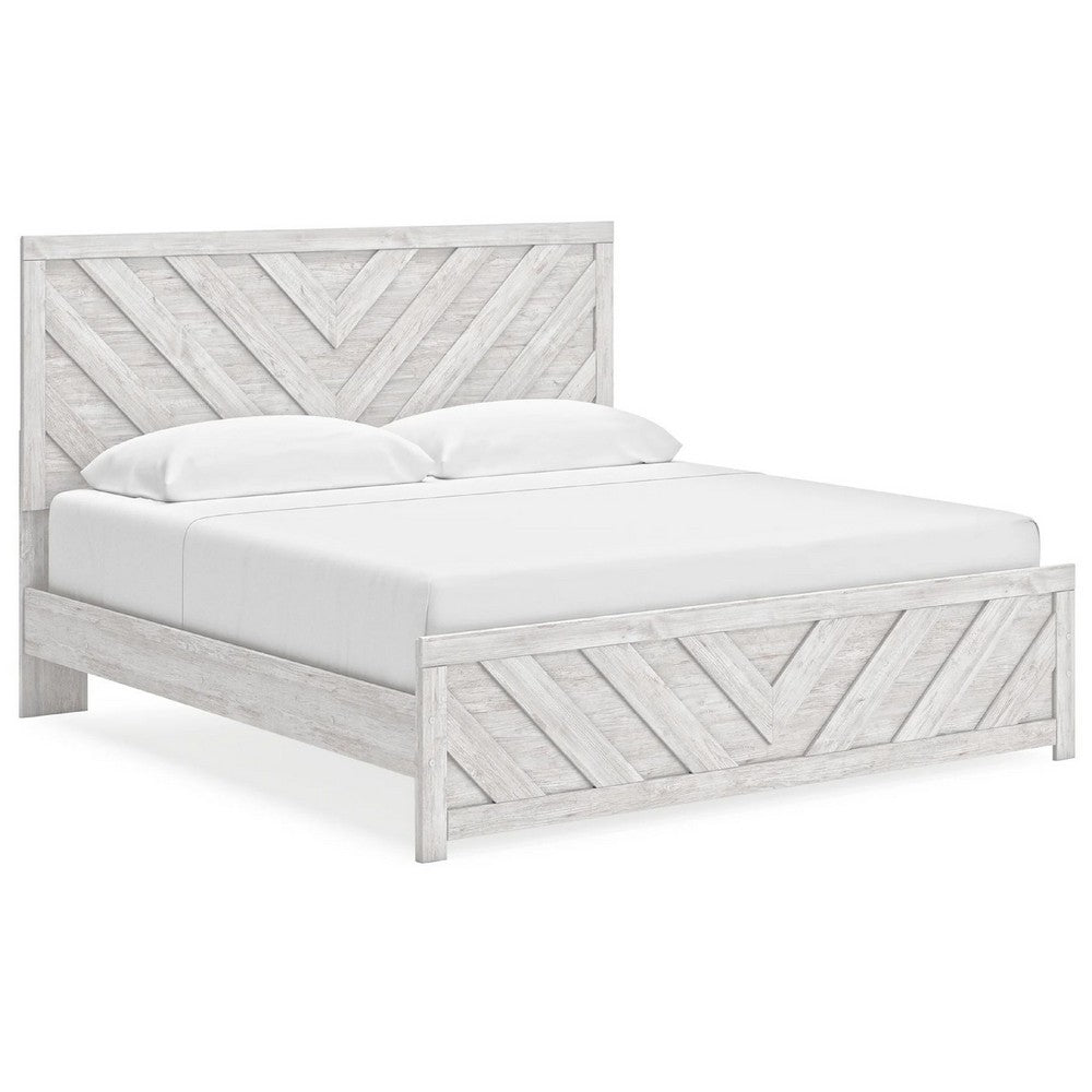 Cany King Size Bed | Chevron Pattern | Panel Headboard | Whitewash