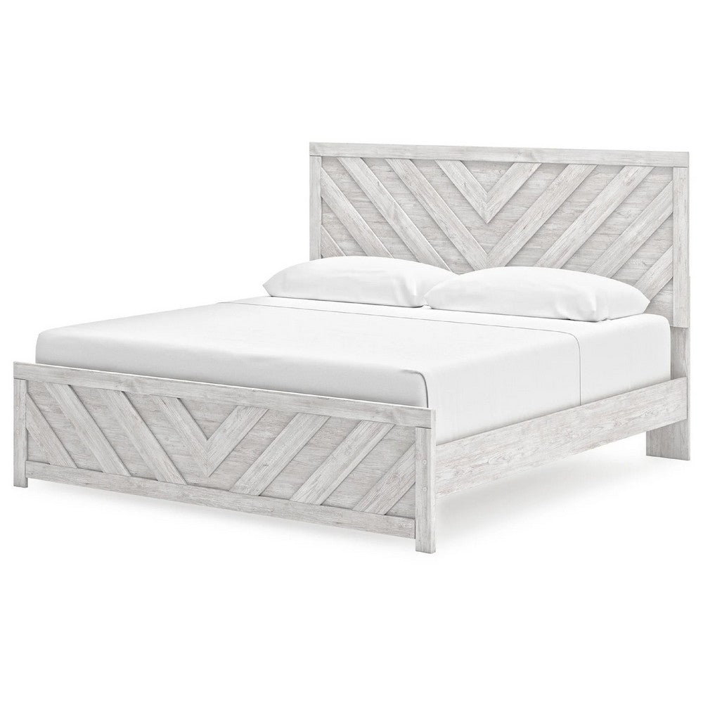 Cany King Size Bed | Chevron Pattern | Panel Headboard | Whitewash