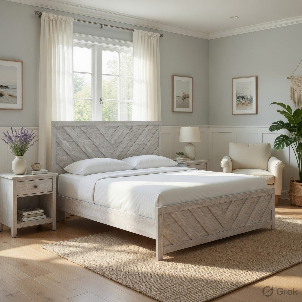 Cany King Size Bed | Chevron Pattern | Panel Headboard | Whitewash