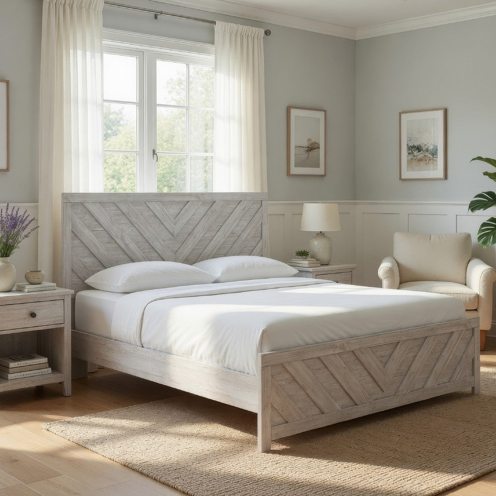 Cany King Size Bed | Chevron Pattern | Panel Headboard | Whitewash