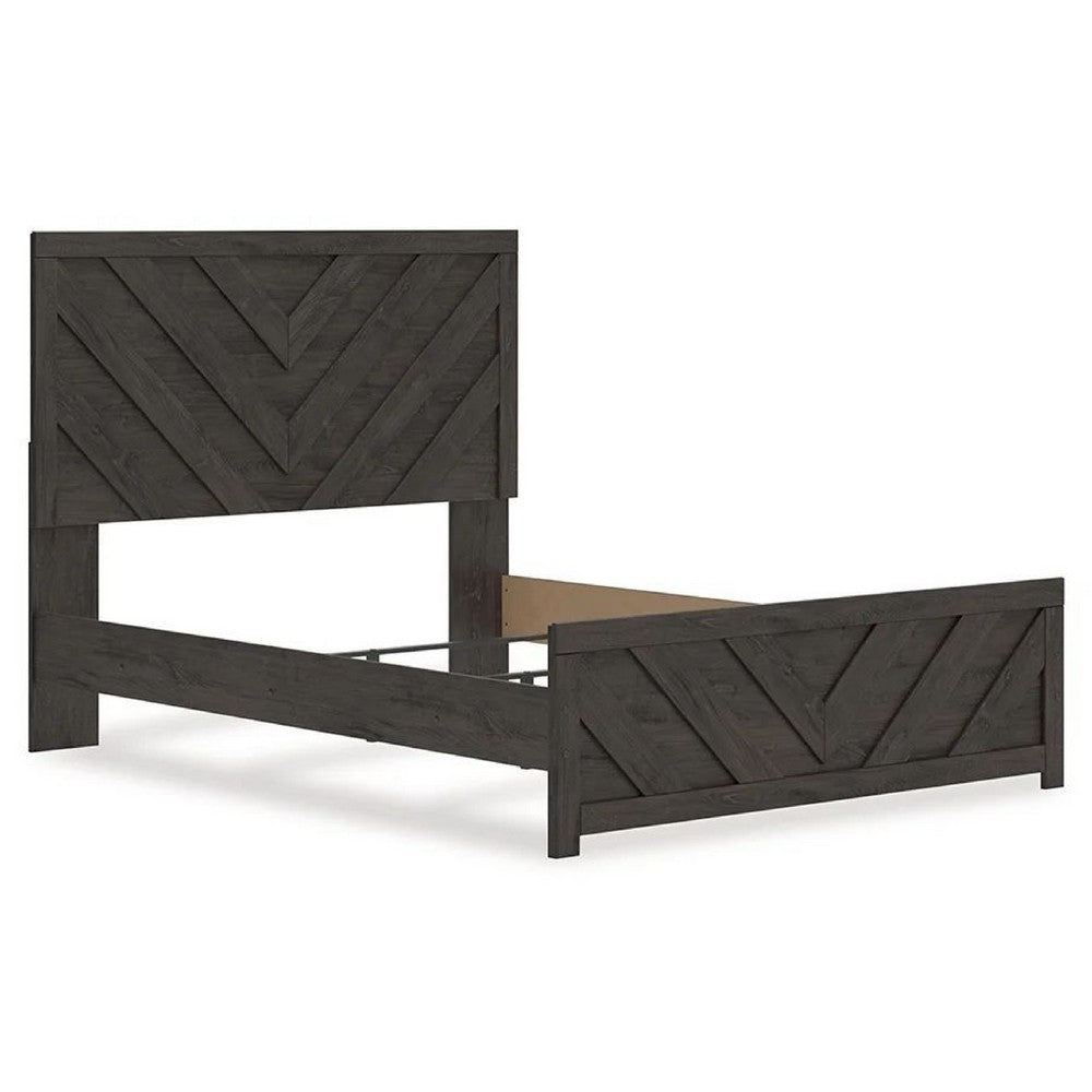 Peny Queen Size Bed | Chevron Pattern | Panel Headboard | Charcoal Black