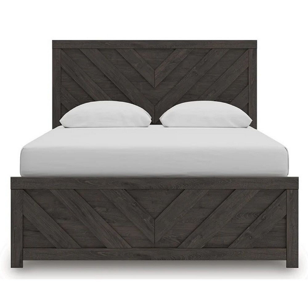 Peny Queen Size Bed | Chevron Pattern | Panel Headboard | Charcoal Black
