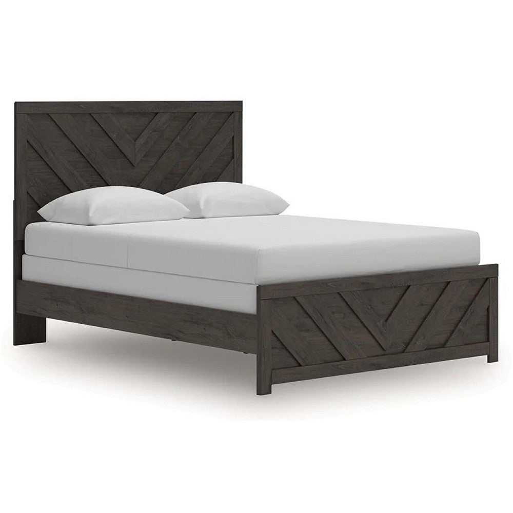 Peny Queen Size Bed | Chevron Pattern | Panel Headboard | Charcoal Black