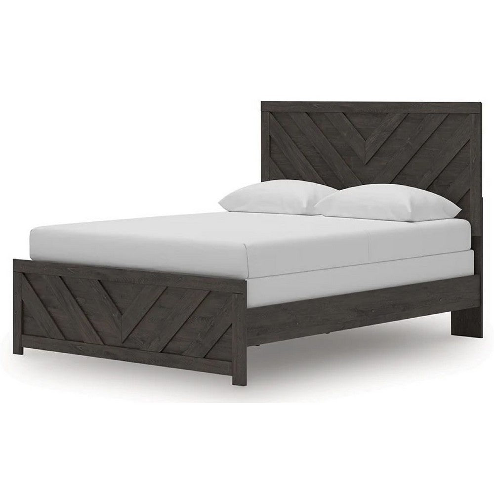 Peny Queen Size Bed | Chevron Pattern | Panel Headboard | Charcoal Black