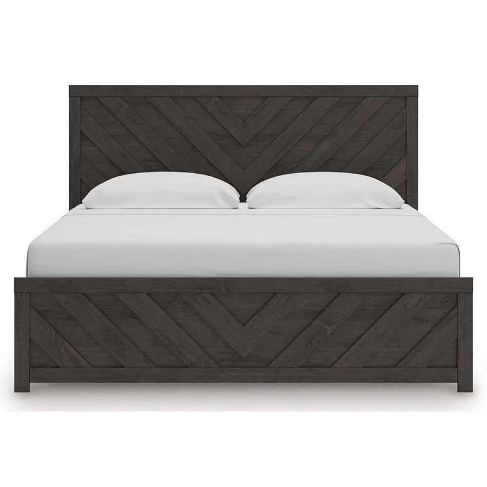Peny King Size Bed | Chevron Pattern | Panel Headboard | Charcoal Black