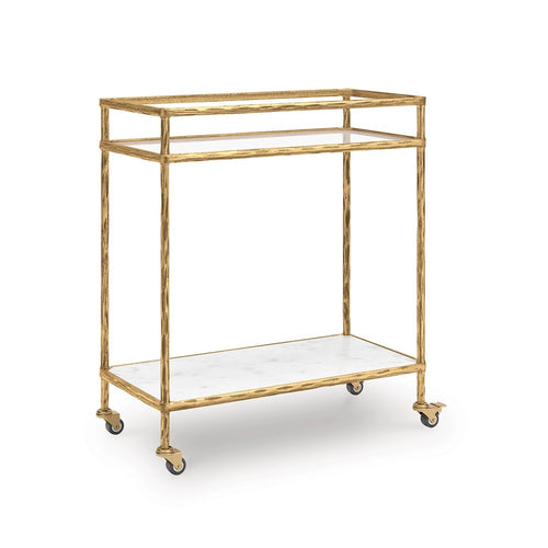 Oery Bar Cart | 2 Tier Glass Top & White Marble Lower Shelf | Brass