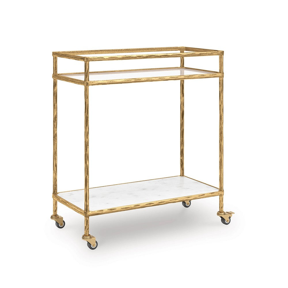 Oery Bar Cart | 2 Tier Glass Top & White Marble Lower Shelf | Brass