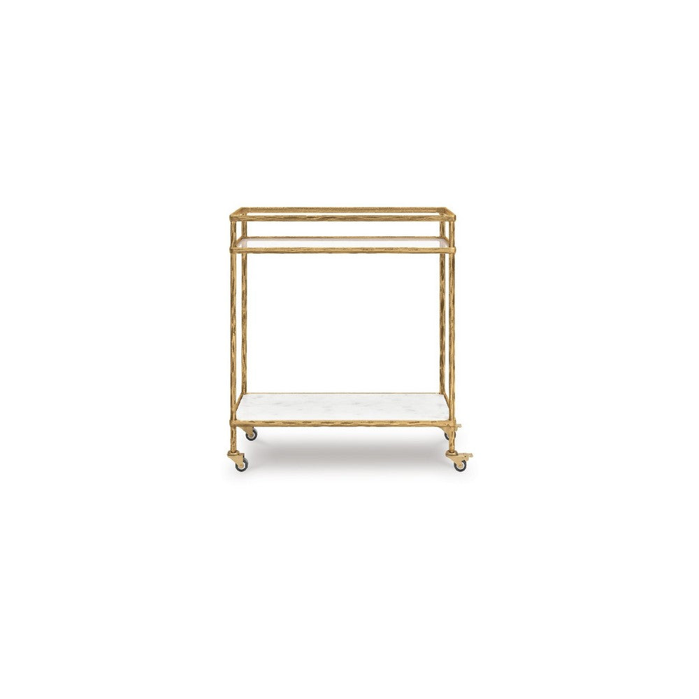 Oery Bar Cart | 2 Tier Glass Top & White Marble Lower Shelf | Brass