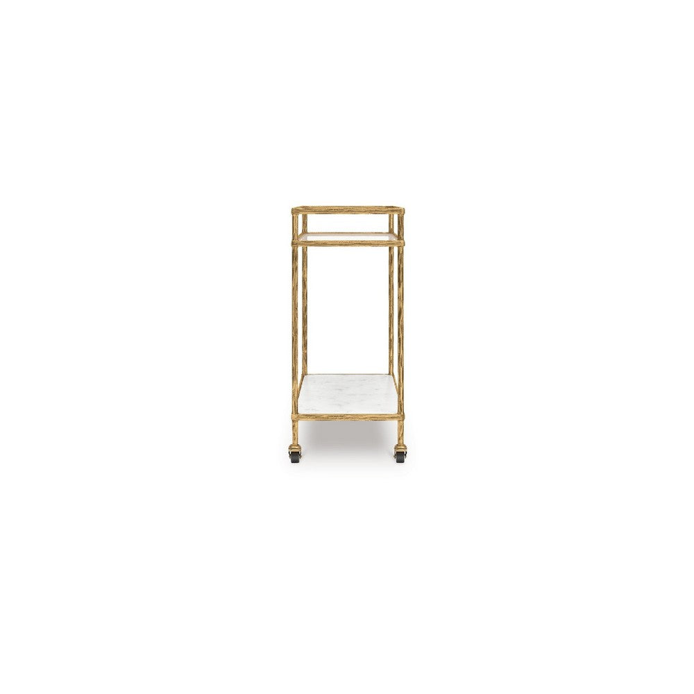 Oery Bar Cart | 2 Tier Glass Top & White Marble Lower Shelf | Brass