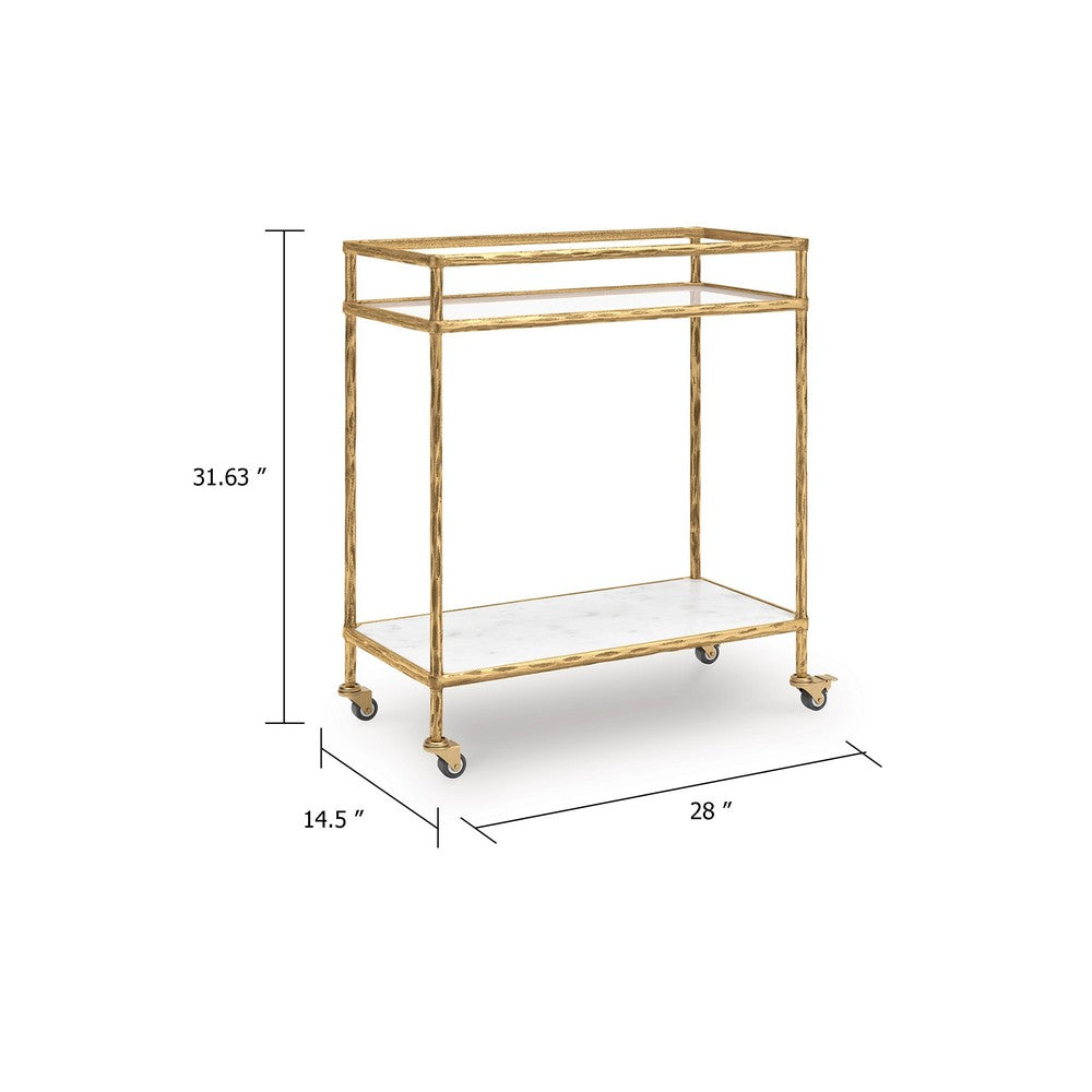 Oery Bar Cart | 2 Tier Glass Top & White Marble Lower Shelf | Brass
