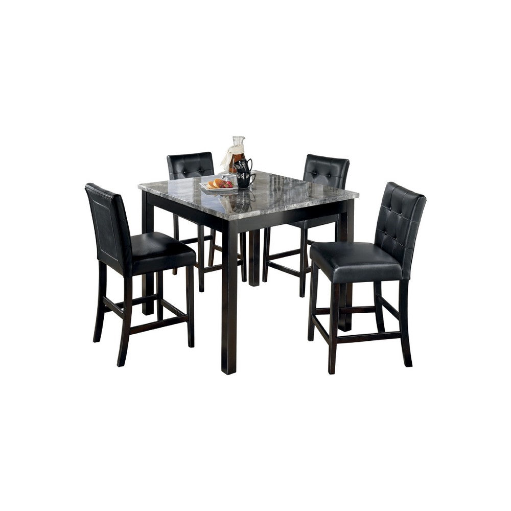 Jey 5pc Counter Height Dining Set | Faux Marble Table | Black Tufted Chairs