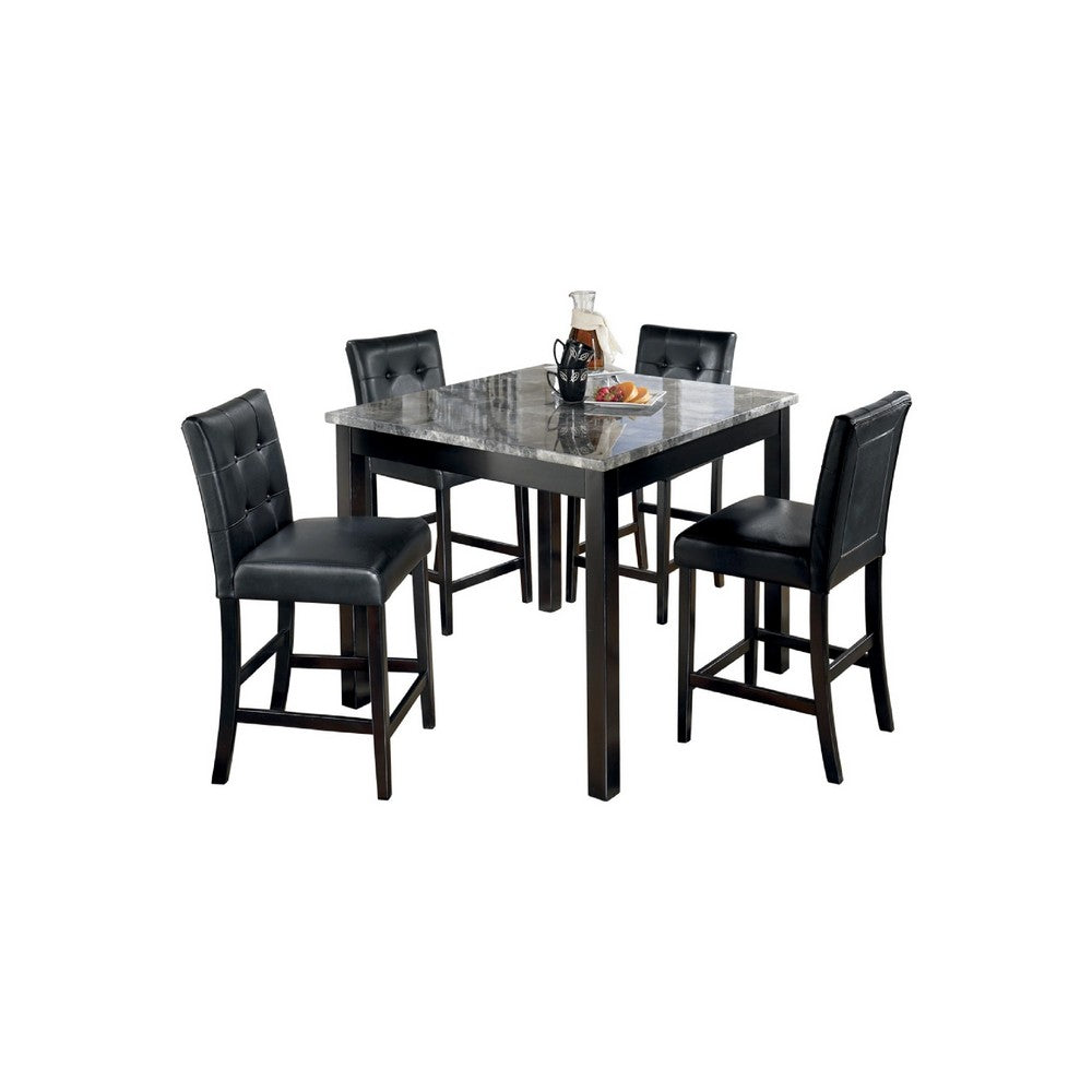 Jey 5pc Counter Height Dining Set | Faux Marble Table | Black Tufted Chairs