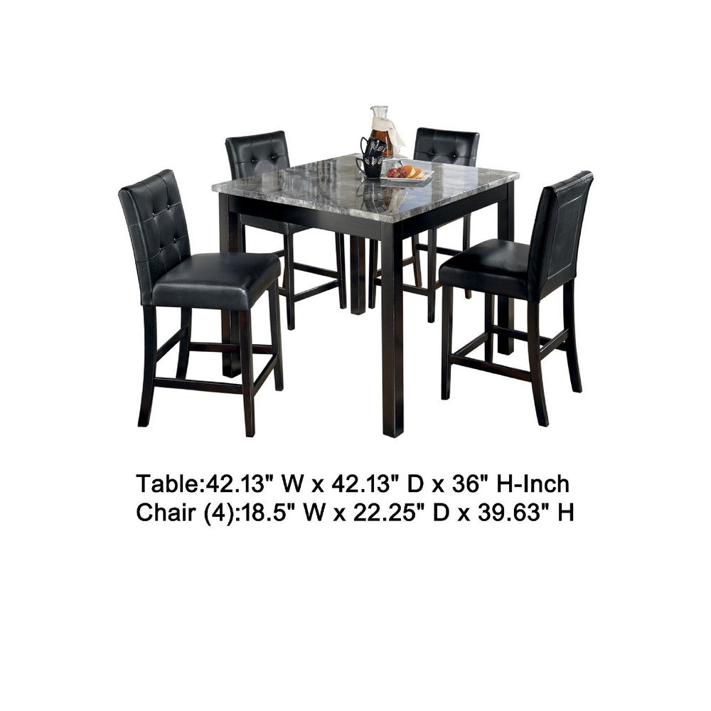 Jey 5pc Counter Height Dining Set | Faux Marble Table | Black Tufted Chairs