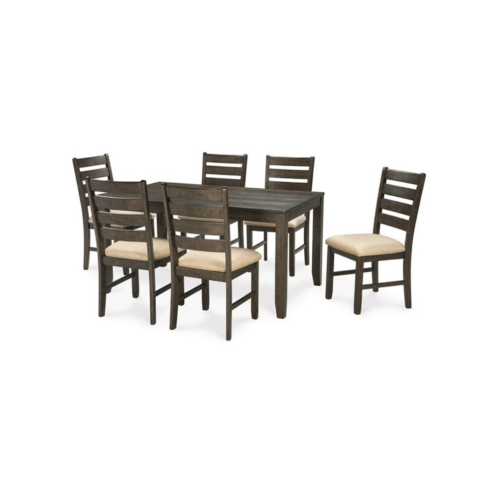 Ane 7pc Dining Table Set | Cream Upholstered Chairs | Rough Sawn Brown