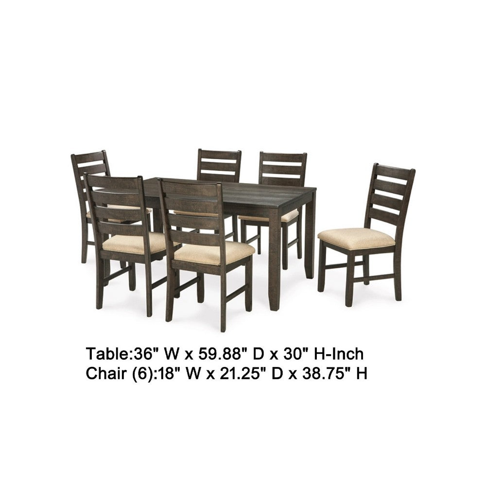 Ane 7pc Dining Table Set | Cream Upholstered Chairs | Rough Sawn Brown