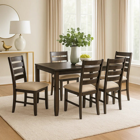Ane 7pc Dining Table Set | Cream Upholstered Chairs | Rough Sawn Brown