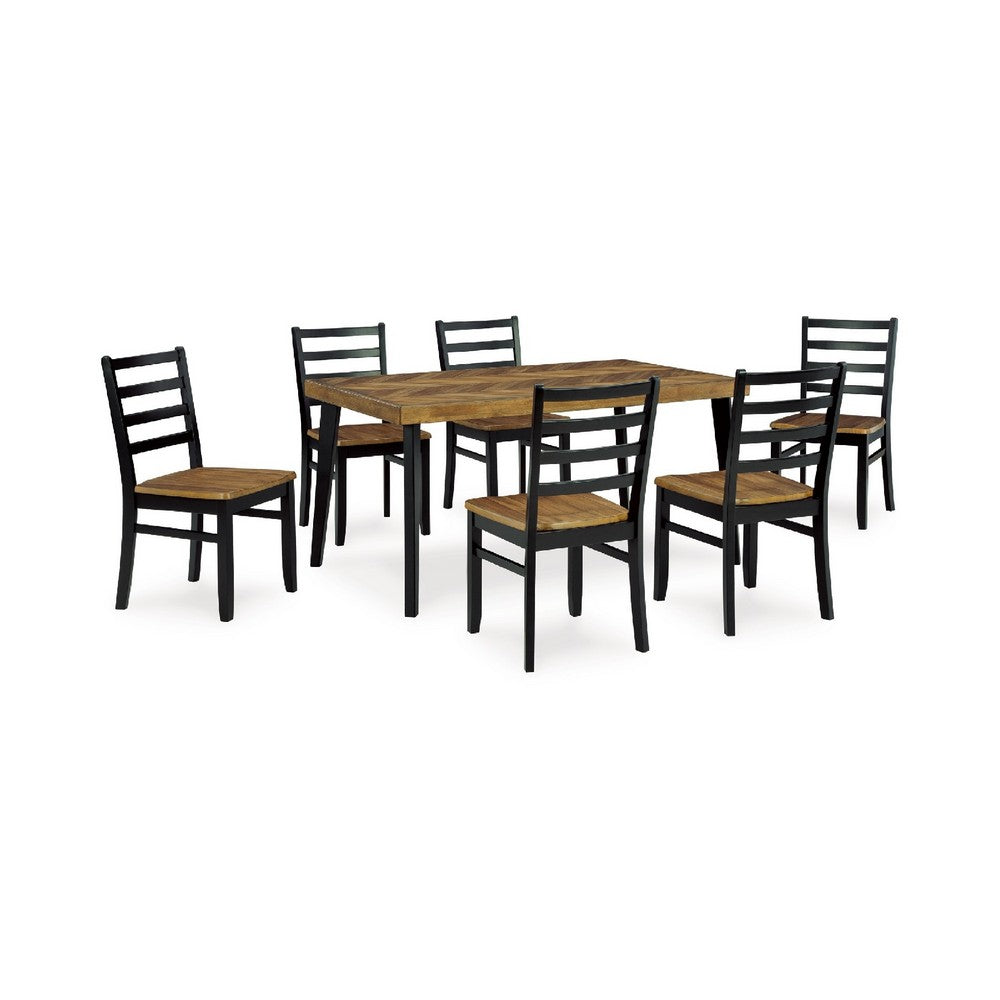 Bia 7pc Dining Table Set | Brown Chevron Tabletop | Black Ladderback Chairs