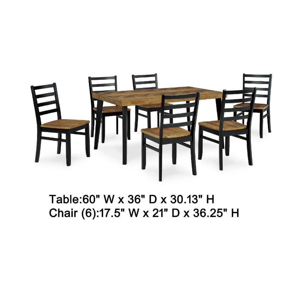 Bia 7pc Dining Table Set | Brown Chevron Tabletop | Black Ladderback Chairs