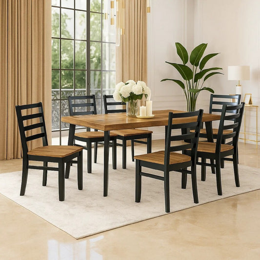 Bia 7pc Dining Table Set | Brown Chevron Tabletop | Black Ladderback Chairs