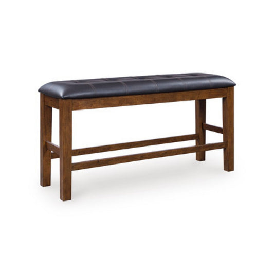 Raly Counter Height Bench | 50" Black Faux Leather Padded | Brown Wood
