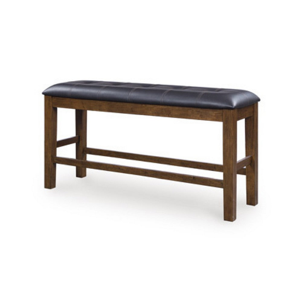 Raly Counter Height Bench | 50" Black Faux Leather Padded | Brown Wood