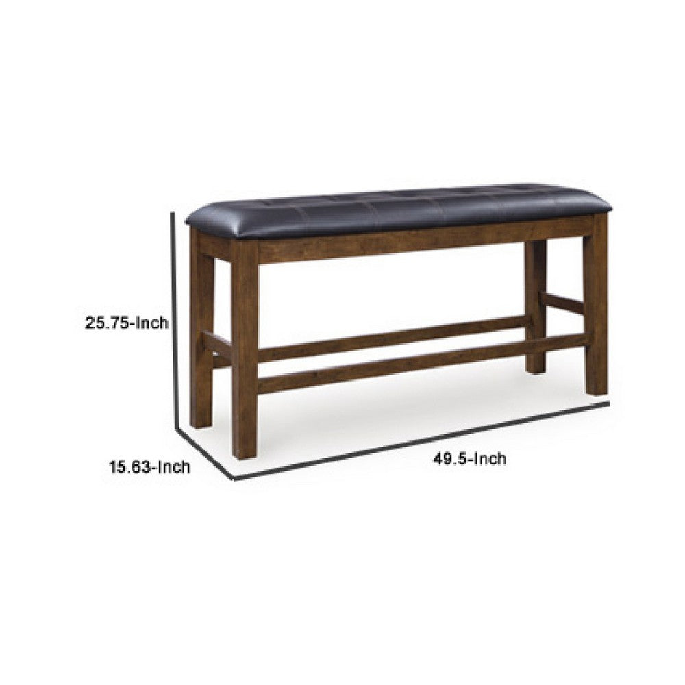 Raly Counter Height Bench | 50" Black Faux Leather Padded | Brown Wood