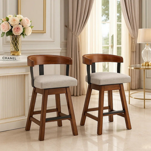Raly Swivel Counter Stool Chair | Gray Padded Seat & Curved Backs | Brown