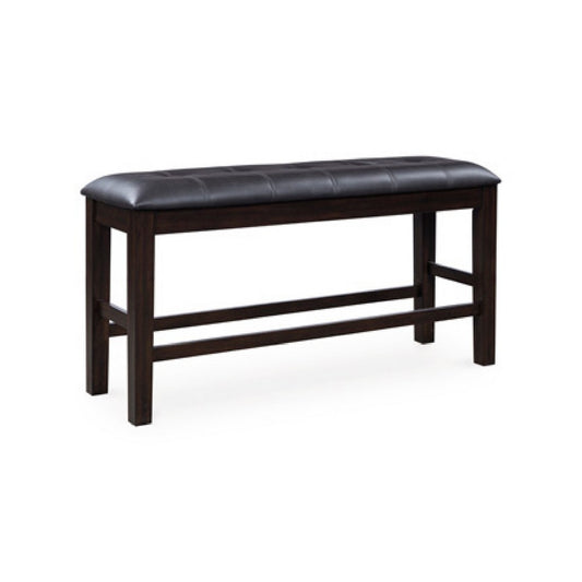 Hado Counter Height Bench | 50" Black Faux Leather Padded | Brown Wood