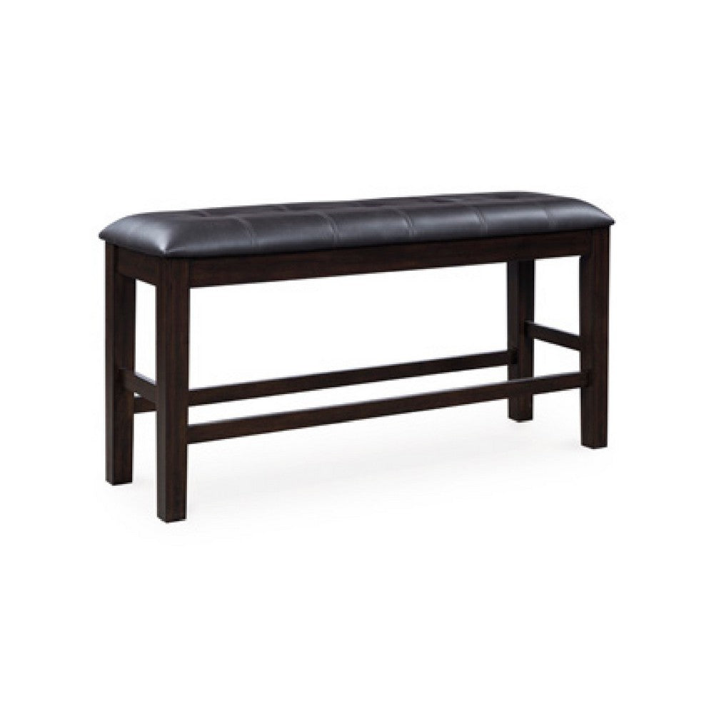 Hado Counter Height Bench | 50" Black Faux Leather Padded | Brown Wood