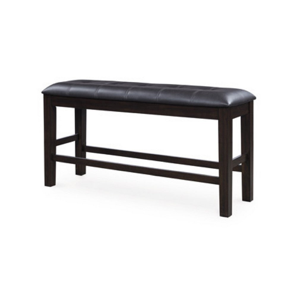 Hado Counter Height Bench | 50" Black Faux Leather Padded | Brown Wood