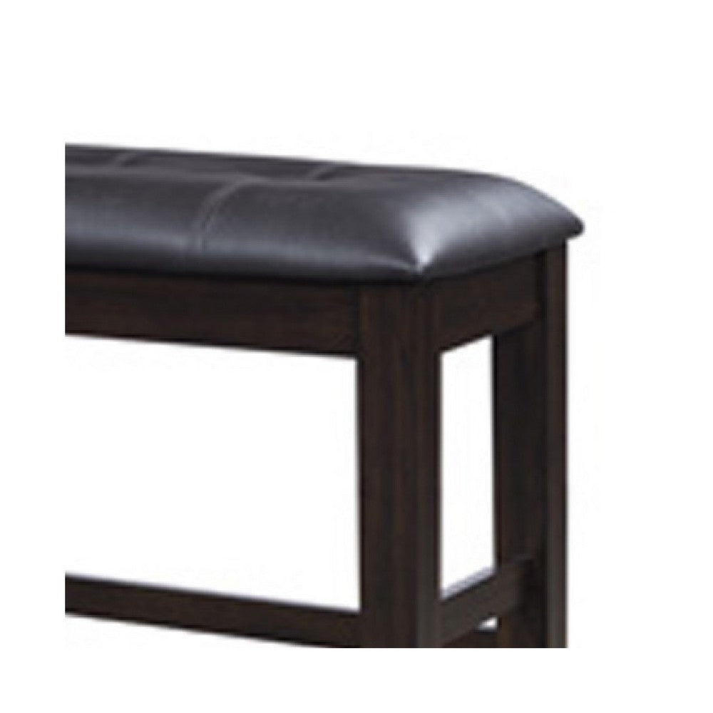 Hado Counter Height Bench | 50" Black Faux Leather Padded | Brown Wood