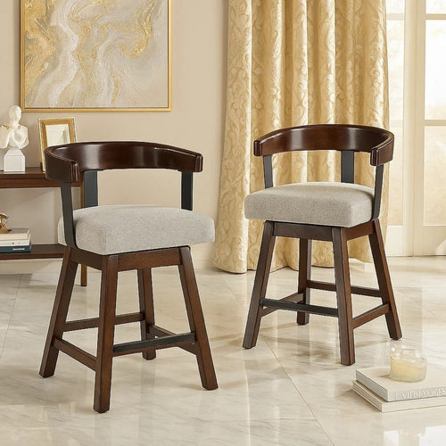 Hado Swivel Counter Stool Chair | Gray Padded Seat | Curved | Dark Brown