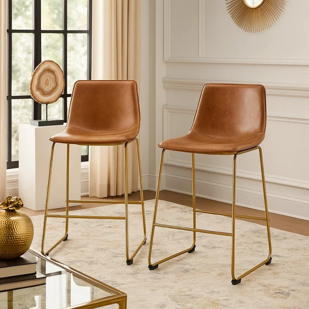 Cia Counter Height Chair Set of 2 | Bucket Faux Leather Seat | Gold Legs