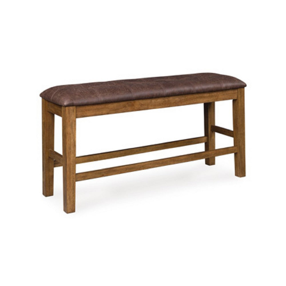 Fori Counter Height Bench | 50" Faux Leather Seat | Light Brown Legs