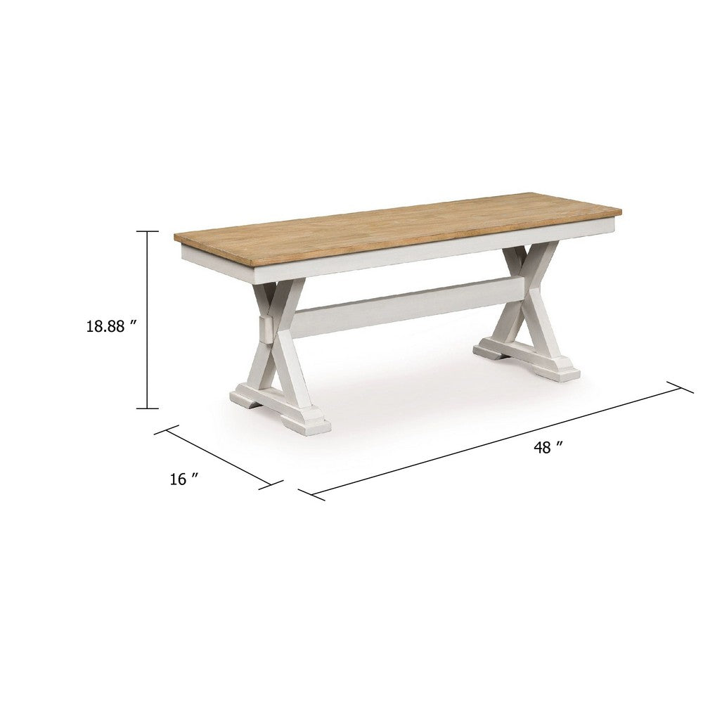 Pury Dining Bench | 48" Light Brown Plank Seat | Antique White Base