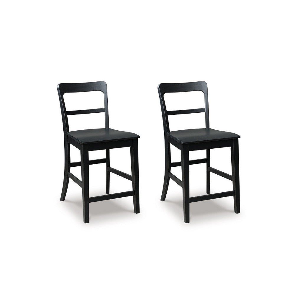 Gela Counter Stool Chair Set of 2 | Stylized Ladder Back | Plank Seat | Black