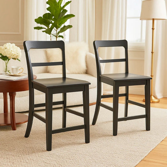Gela Counter Stool Chair Set of 2 | Stylized Ladder Back | Plank Seat | Black