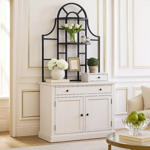 Gela Bakers Rack Base | 3 Drawers w 2 Cabinet Doors | White Wood